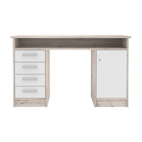 Biurko 125x55 cm z 4 szufladami i zamykaną szafką na klucz Biały/Dąb Piaskowy